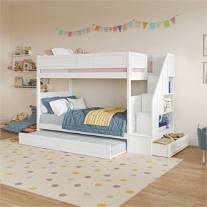 dover twin over twin wood staircase bunk bed with drawer & trundle in white
