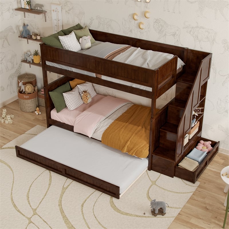 Dover Twin over Twin Wood Staircase Bunk Bed with Drawer & Trundle in Walnut