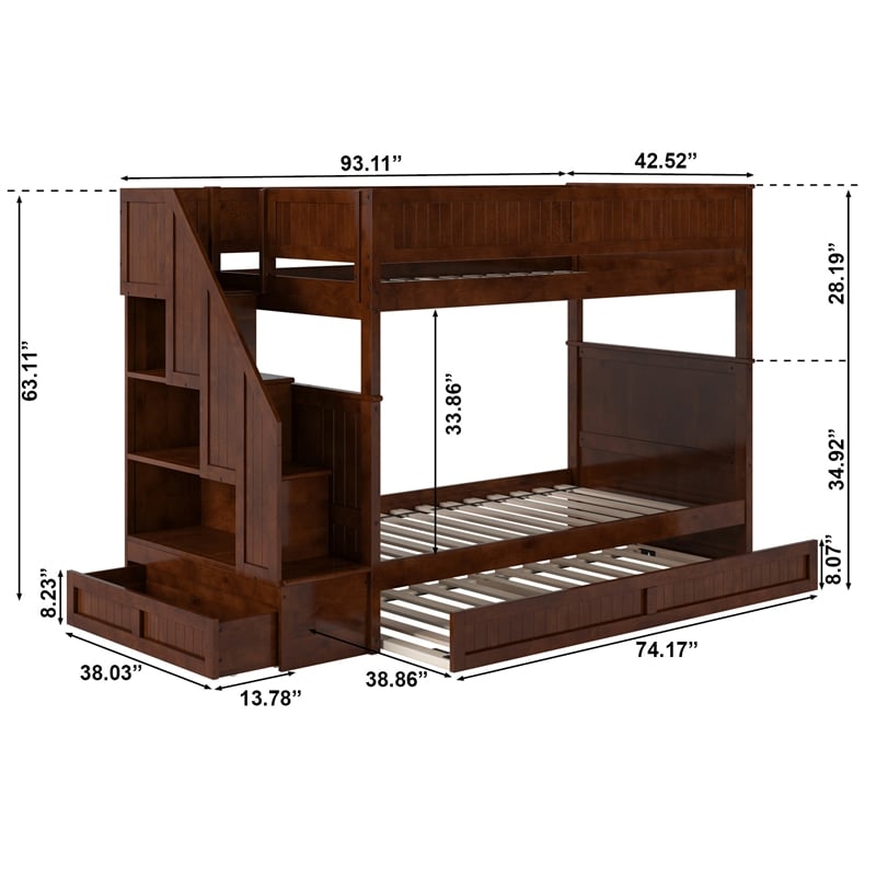 Dover Twin over Twin Wood Staircase Bunk Bed with Drawer & Trundle in Walnut