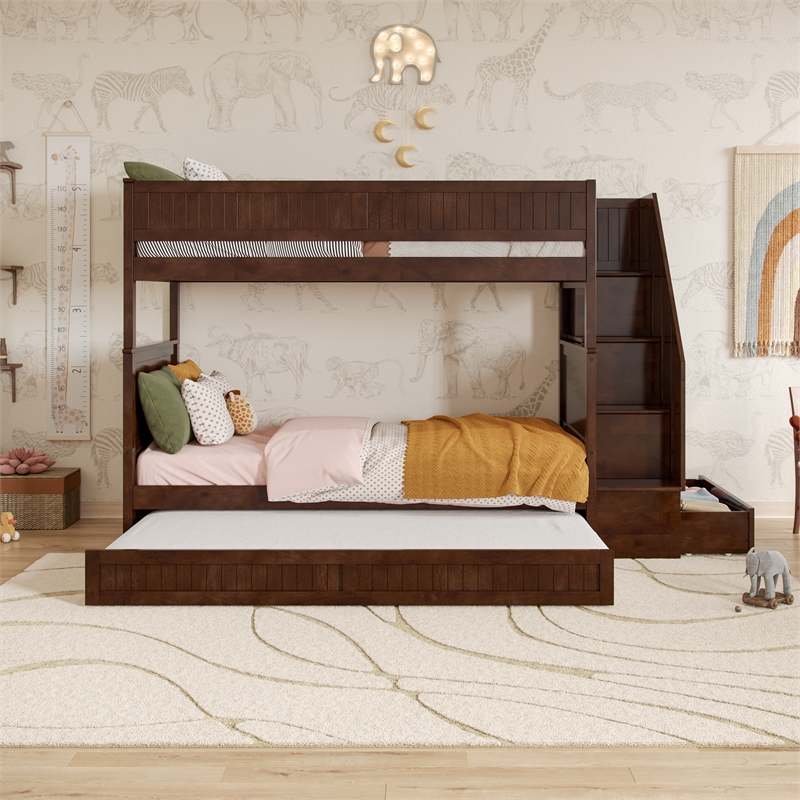 Dover Twin over Twin Wood Staircase Bunk Bed with Drawer & Trundle in Walnut