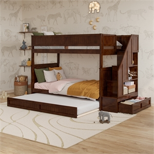 dover twin over twin wood staircase bunk bed with drawer & trundle in walnut