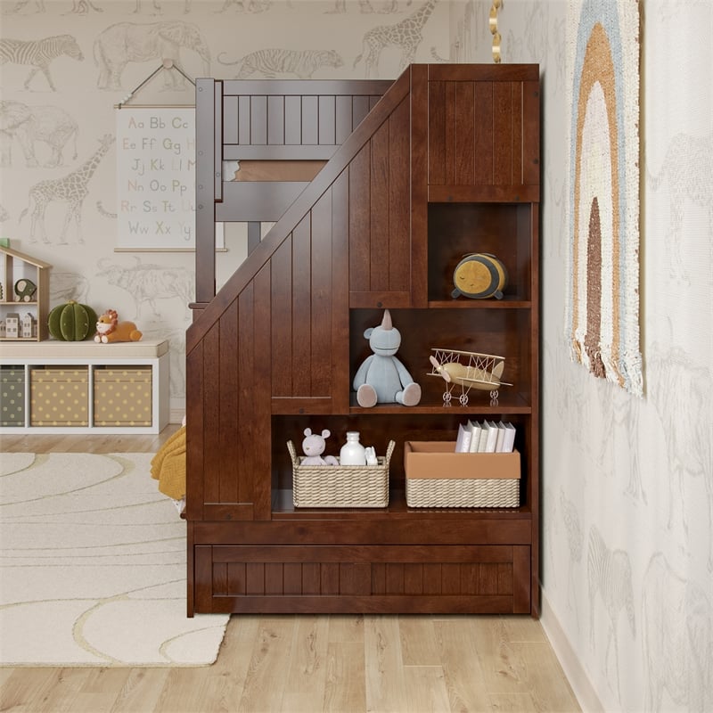 Dover Twin over Twin Wood Staircase Bunk Bed with Drawer & Trundle in Walnut