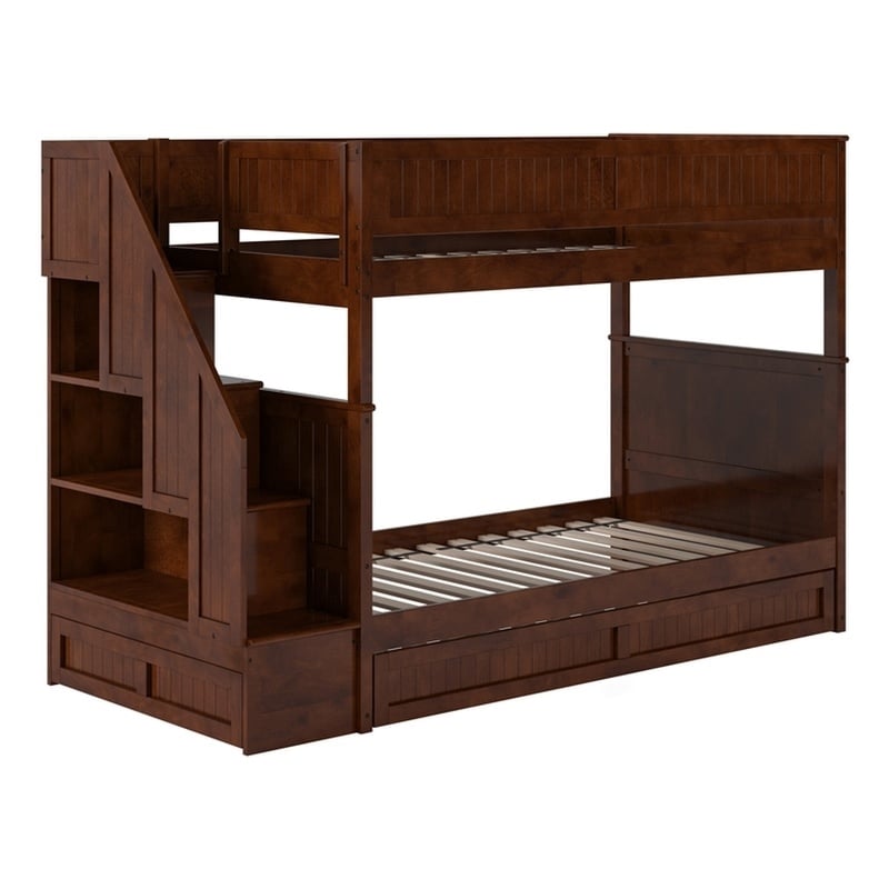 Dover Twin over Twin Wood Staircase Bunk Bed with Drawer & Trundle in Walnut