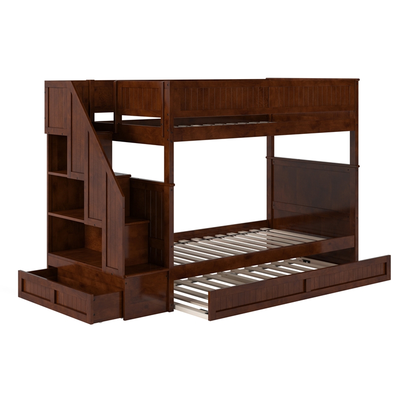 Dover Twin over Twin Wood Staircase Bunk Bed with Drawer & Trundle in Walnut
