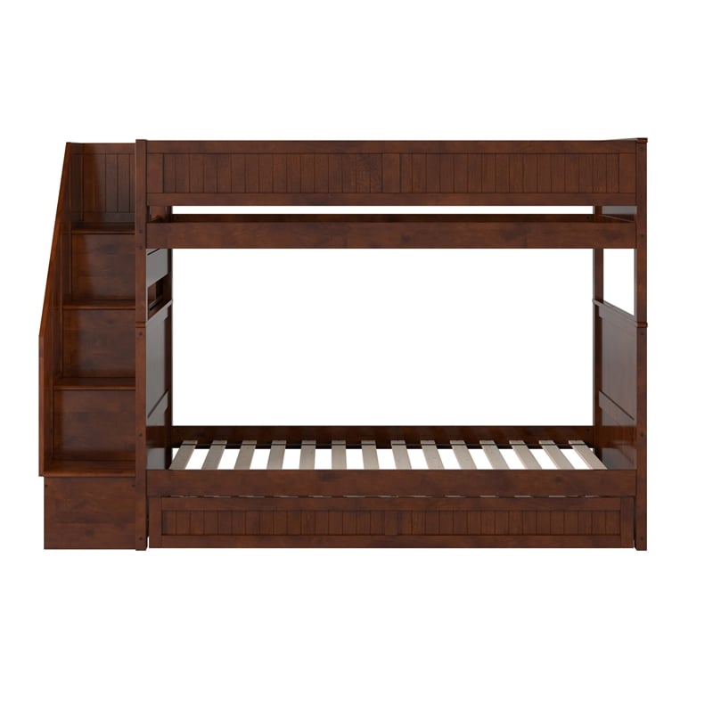 Dover Twin over Twin Wood Staircase Bunk Bed with Drawer & Trundle in Walnut