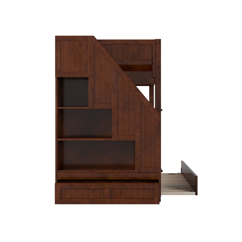 Dover Twin over Twin Wood Staircase Bunk Bed with Drawer & Trundle in Walnut