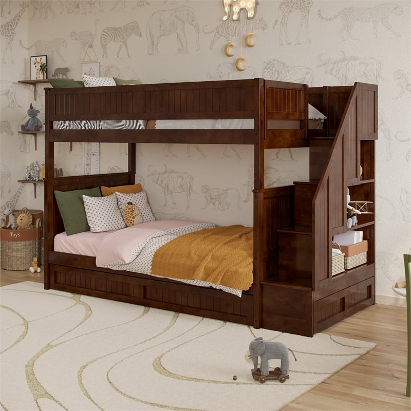 Dover Twin over Twin Wood Staircase Bunk Bed with Drawer & Trundle in Walnut