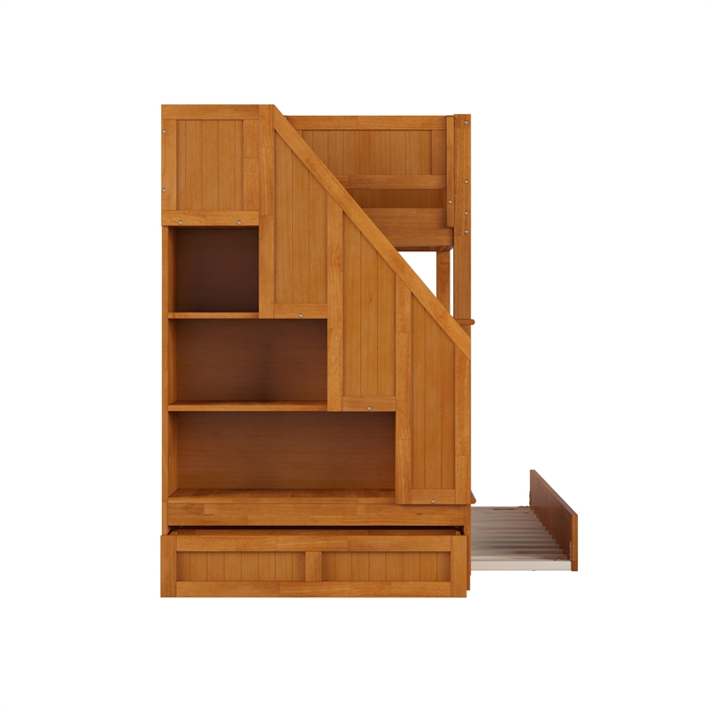 Dover Twin over Twin Wood Staircase Bunk Bed w/ Drawer & Trundle in Light Toffee