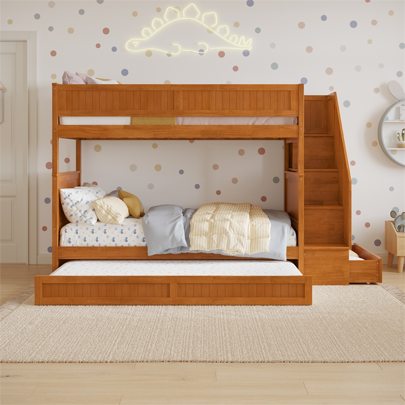 Dover Twin over Twin Wood Staircase Bunk Bed w/ Drawer & Trundle in Light Toffee