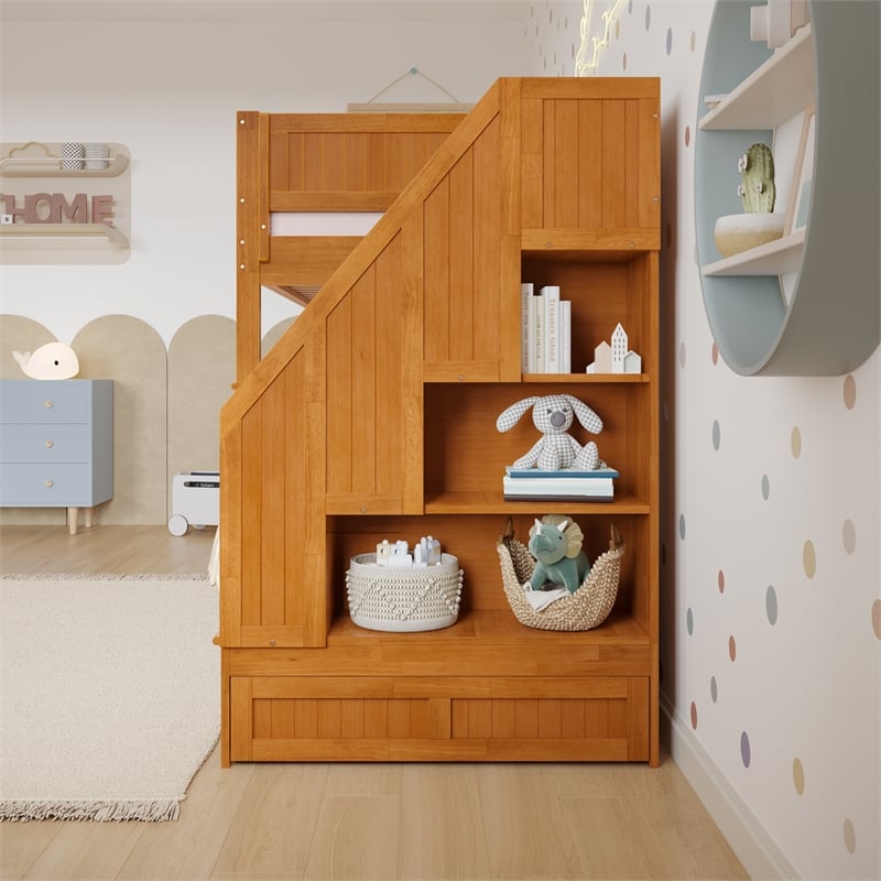 Dover Twin over Twin Wood Staircase Bunk Bed w/ Drawer & Trundle in Light Toffee