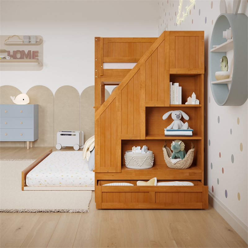 Dover Twin over Twin Wood Staircase Bunk Bed w/ Drawer & Trundle in Light Toffee