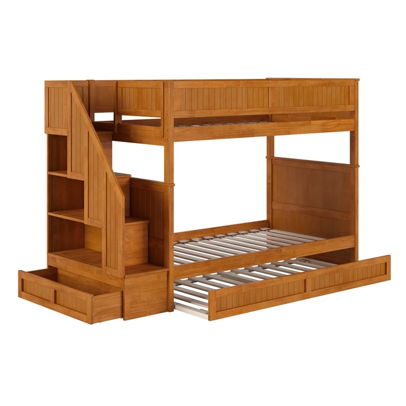 Dover Twin over Twin Wood Staircase Bunk Bed w/ Drawer & Trundle in Light Toffee