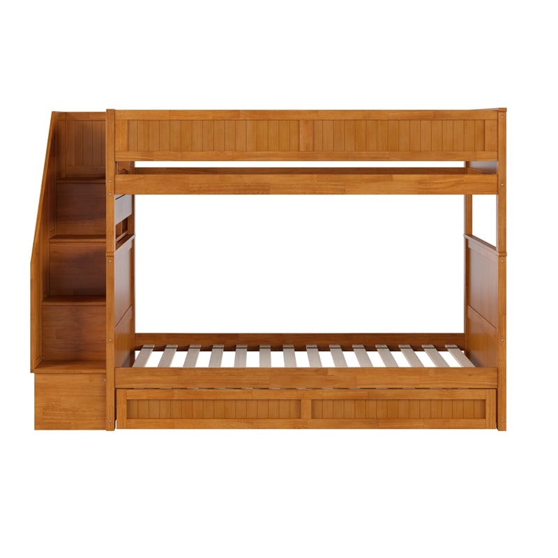 Dover Twin over Twin Wood Staircase Bunk Bed w/ Drawer & Trundle in Light Toffee