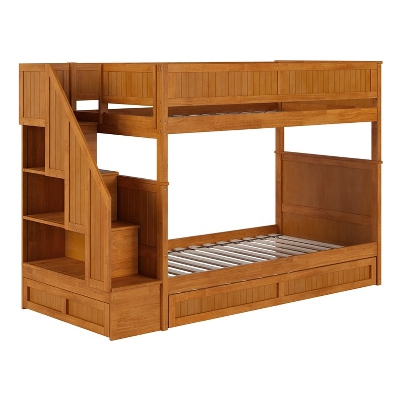 Dover Twin over Twin Wood Staircase Bunk Bed w/ Drawer & Trundle in Light Toffee