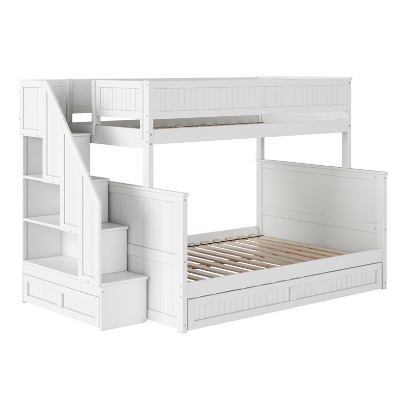 Dover Twin over Full Wood Staircase Bunk Bed with Drawer & Trundle in White