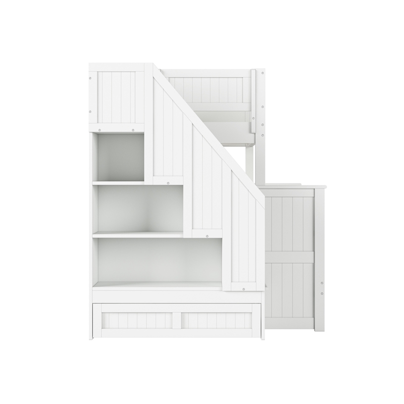 Dover Twin over Full Wood Staircase Bunk Bed with Drawer & Trundle in White