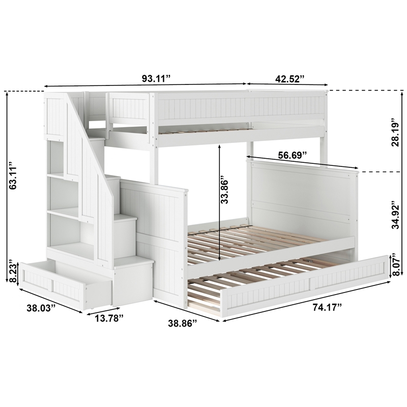 Dover Twin over Full Wood Staircase Bunk Bed with Drawer & Trundle in White