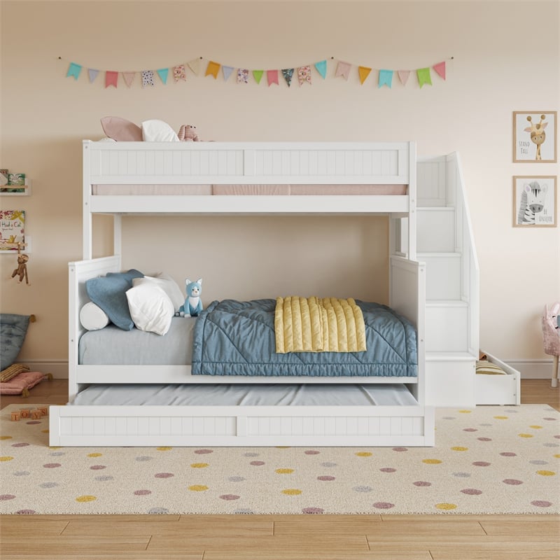 Dover Twin over Full Wood Staircase Bunk Bed with Drawer & Trundle in White