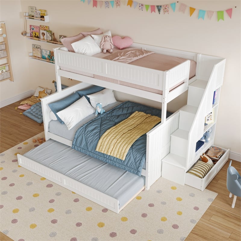 Dover Twin over Full Wood Staircase Bunk Bed with Drawer & Trundle in White