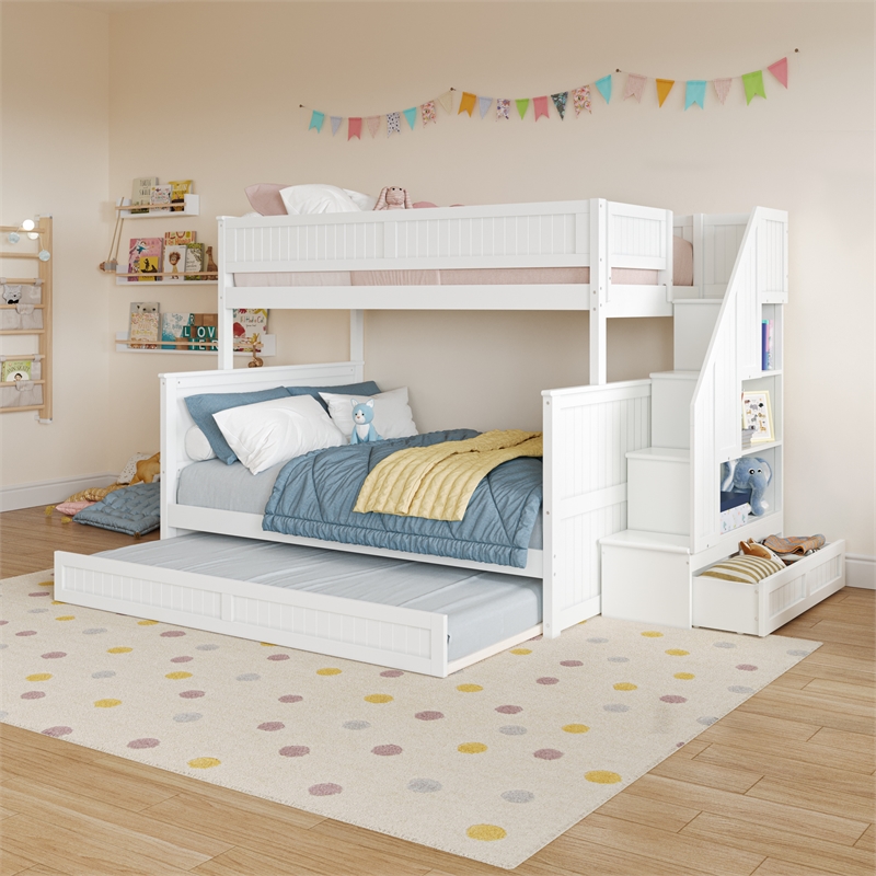 Dover Twin over Full Wood Staircase Bunk Bed with Drawer & Trundle in White