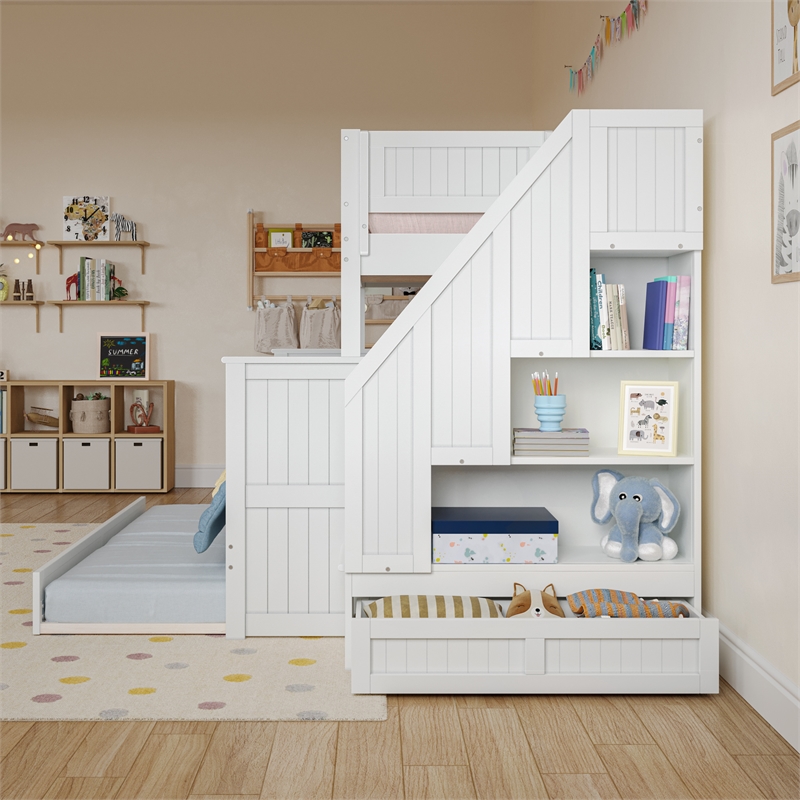 Dover Twin over Full Wood Staircase Bunk Bed with Drawer & Trundle in White