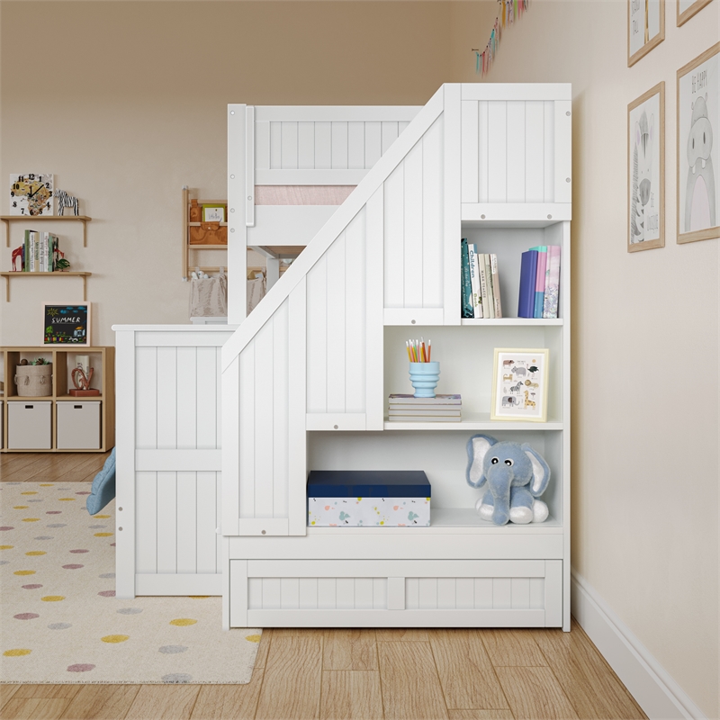 Dover Twin over Full Wood Staircase Bunk Bed with Drawer & Trundle in White
