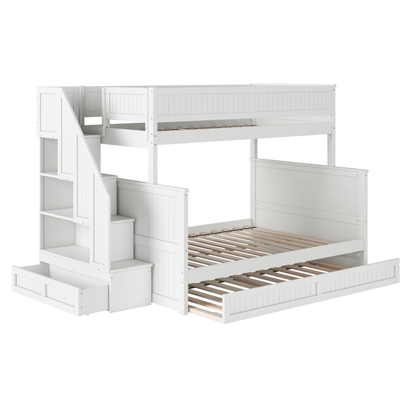 Dover Twin over Full Wood Staircase Bunk Bed with Drawer & Trundle in White