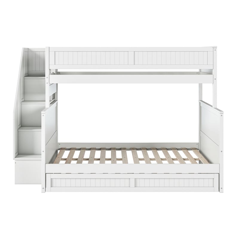 Dover Twin over Full Wood Staircase Bunk Bed with Drawer & Trundle in White