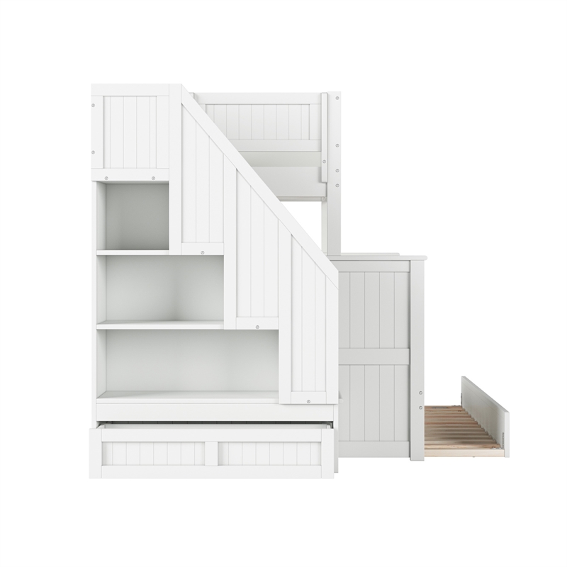 Dover Twin over Full Wood Staircase Bunk Bed with Drawer & Trundle in White