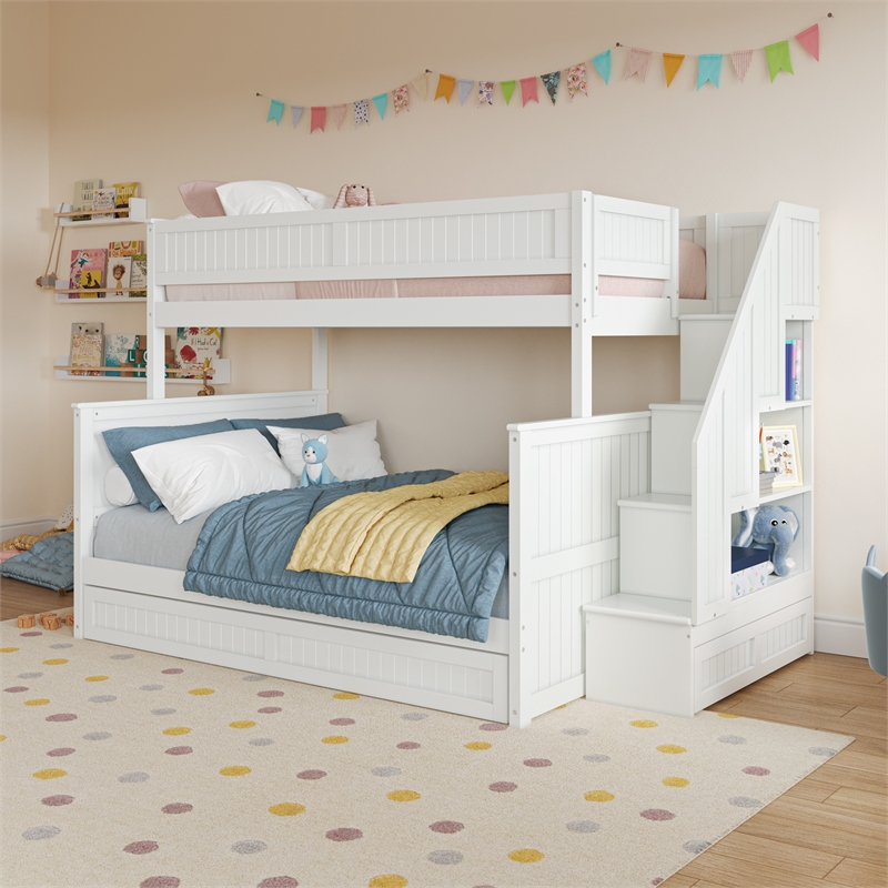 Dover Twin over Full Wood Staircase Bunk Bed with Drawer & Trundle in White
