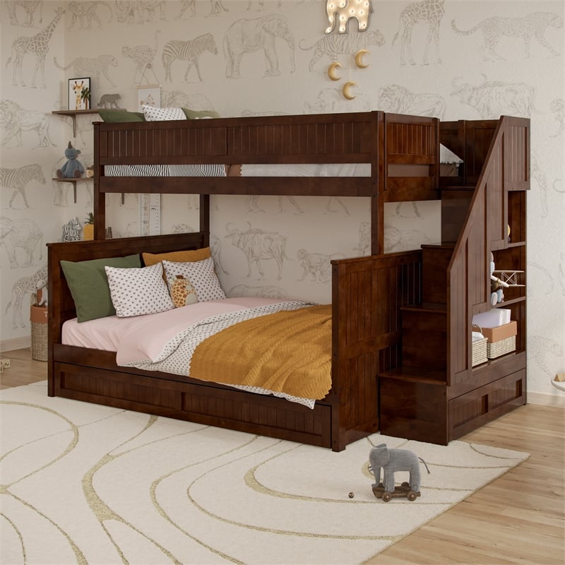 Dover Twin over Full Wood Staircase Bunk Bed with Drawer & Trundle in Walnut
