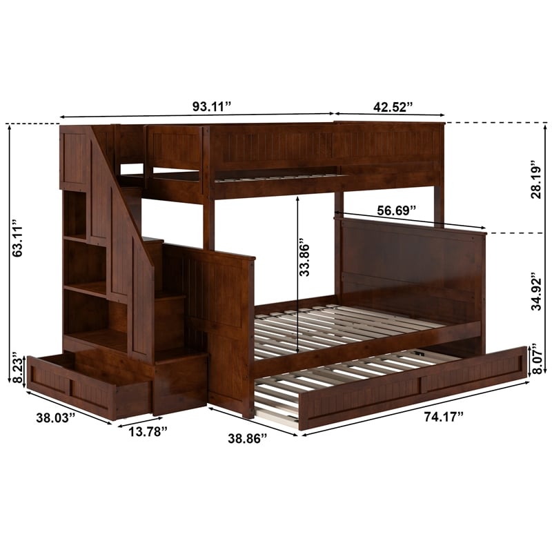 Dover Twin over Full Wood Staircase Bunk Bed with Drawer & Trundle in Walnut