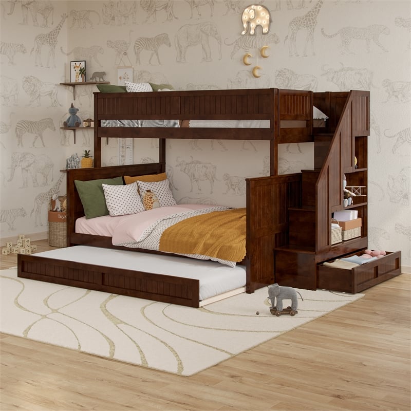 Dover Twin over Full Wood Staircase Bunk Bed with Drawer & Trundle in Walnut