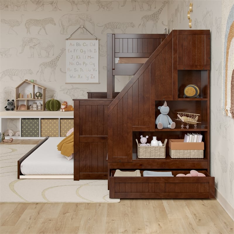 Dover Twin over Full Wood Staircase Bunk Bed with Drawer & Trundle in Walnut