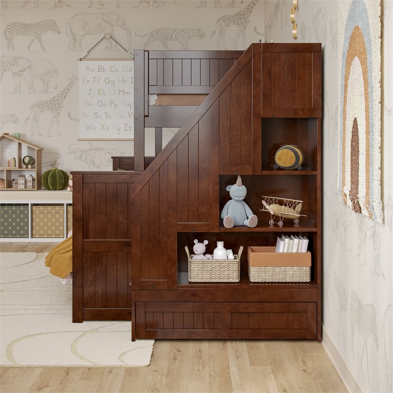 Dover Twin over Full Wood Staircase Bunk Bed with Drawer & Trundle in Walnut