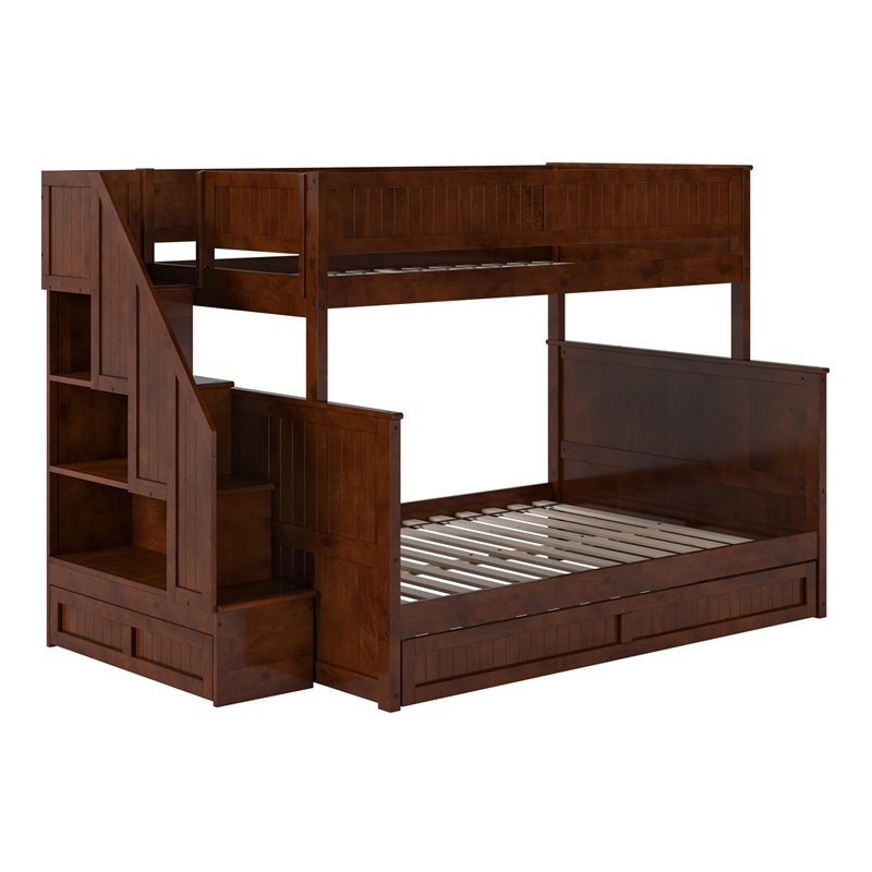 Dover Twin over Full Wood Staircase Bunk Bed with Drawer & Trundle in Walnut