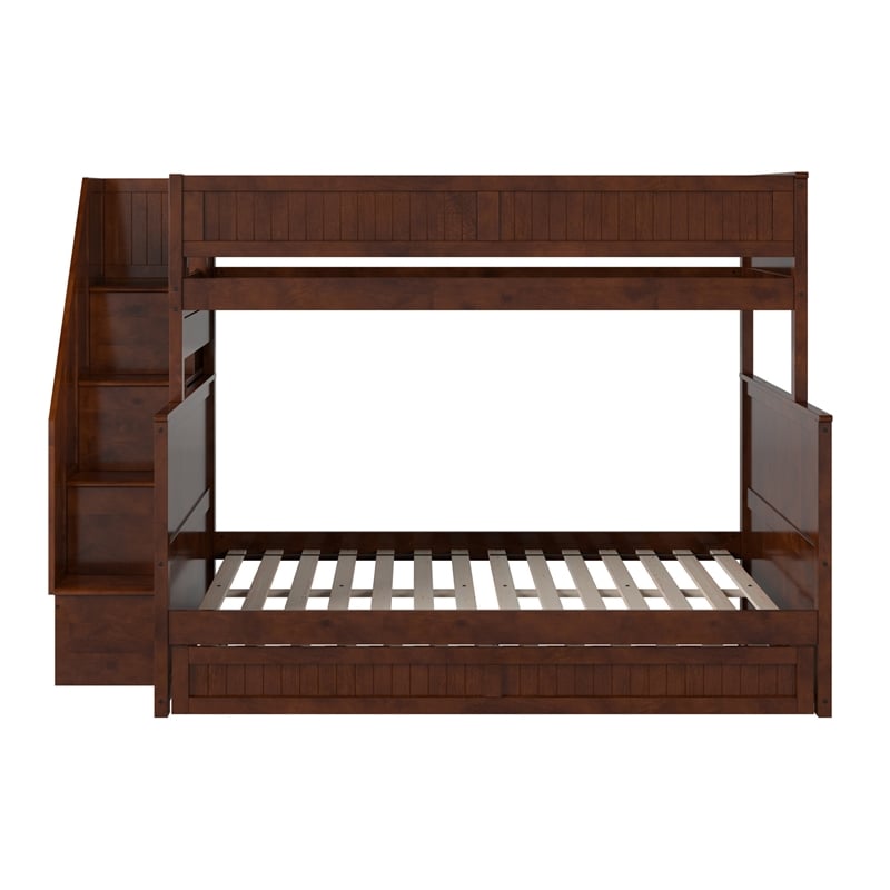 Dover Twin over Full Wood Staircase Bunk Bed with Drawer & Trundle in Walnut