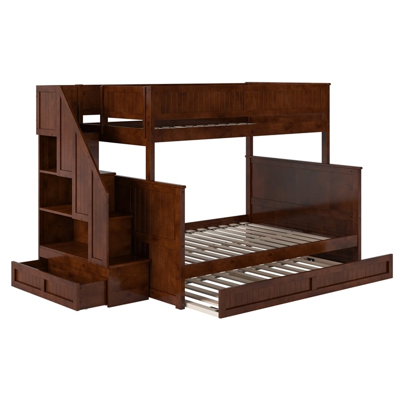 Dover Twin over Full Wood Staircase Bunk Bed with Drawer & Trundle in Walnut