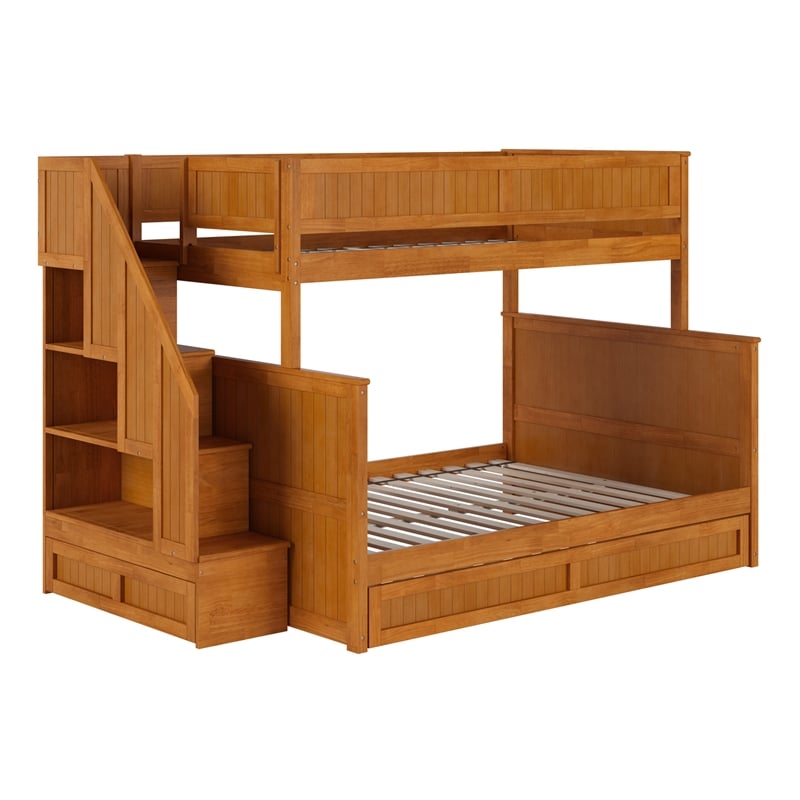 Dover Twin over Full Wood Staircase Bunk Bed w/ Drawer & Trundle in Light Toffee