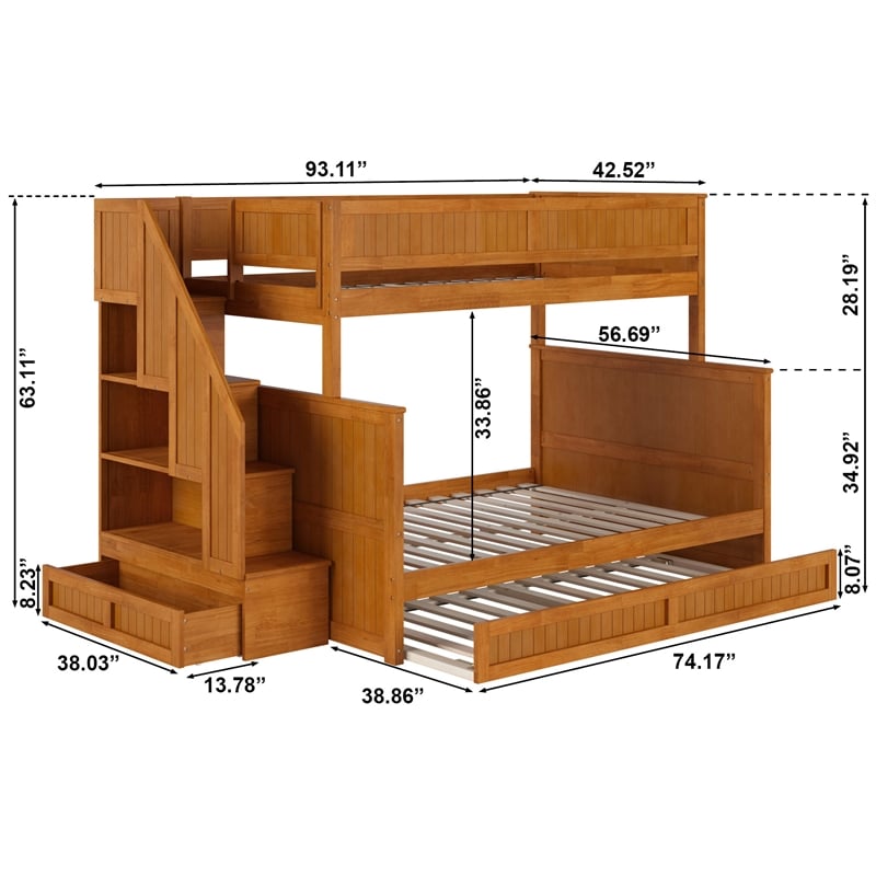 Dover Twin over Full Wood Staircase Bunk Bed w/ Drawer & Trundle in Light Toffee