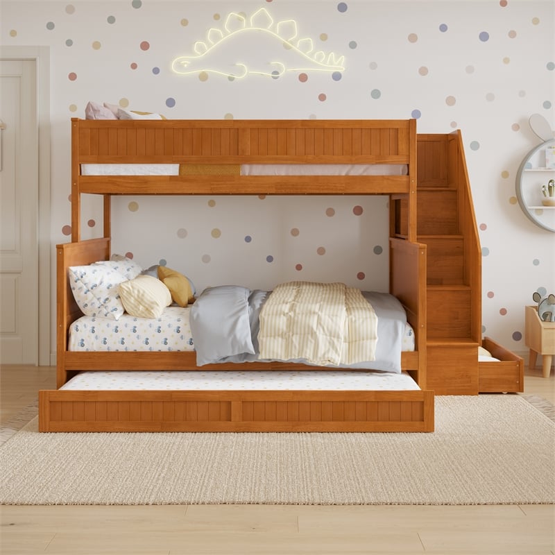 Dover Twin over Full Wood Staircase Bunk Bed w/ Drawer & Trundle in Light Toffee