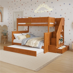 dover twin over full wood staircase bunk bed w/ drawer & trundle in light toffee