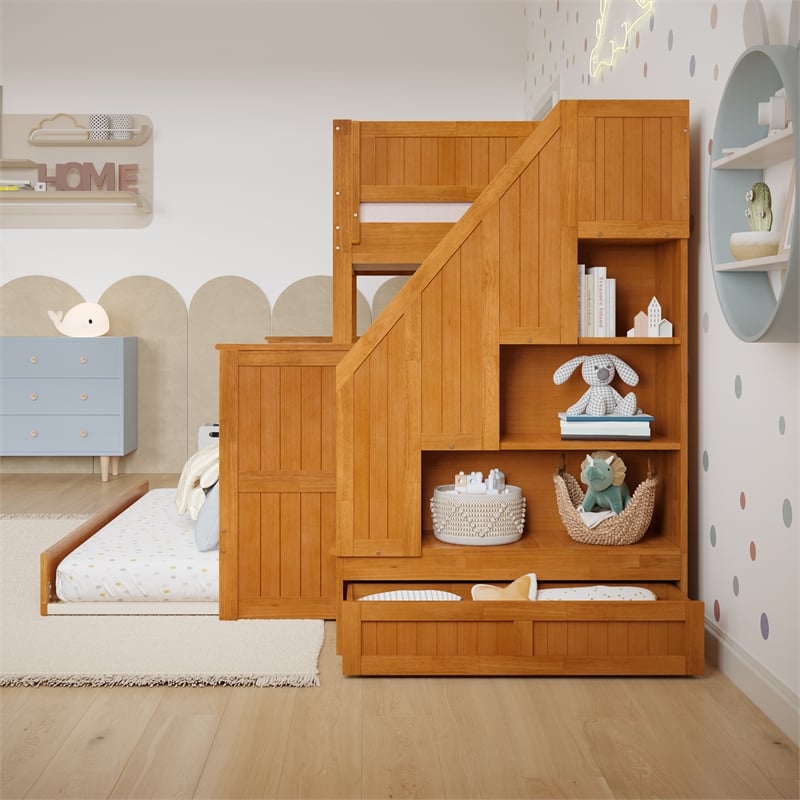 Dover Twin over Full Wood Staircase Bunk Bed w/ Drawer & Trundle in Light Toffee