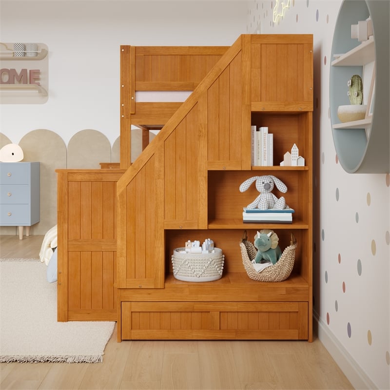 Dover Twin over Full Wood Staircase Bunk Bed w/ Drawer & Trundle in Light Toffee