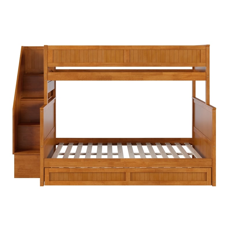 Dover Twin over Full Wood Staircase Bunk Bed w/ Drawer & Trundle in Light Toffee