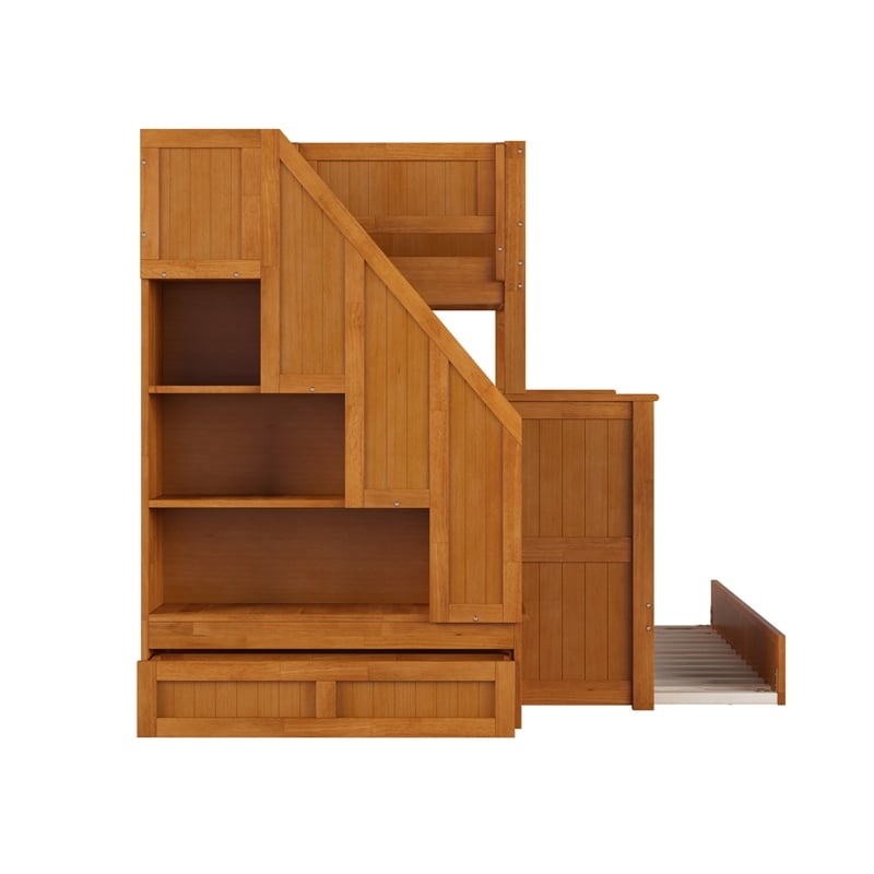 Dover Twin over Full Wood Staircase Bunk Bed w/ Drawer & Trundle in Light Toffee