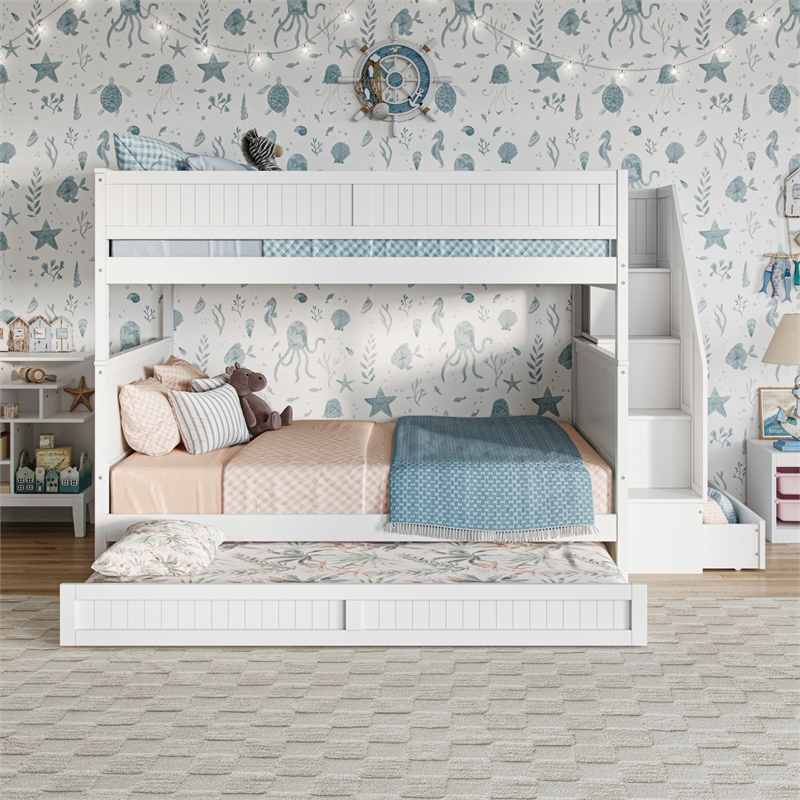 Dover Full over Full Wood Staircase Bunk Bed with Drawer & Trundle in White