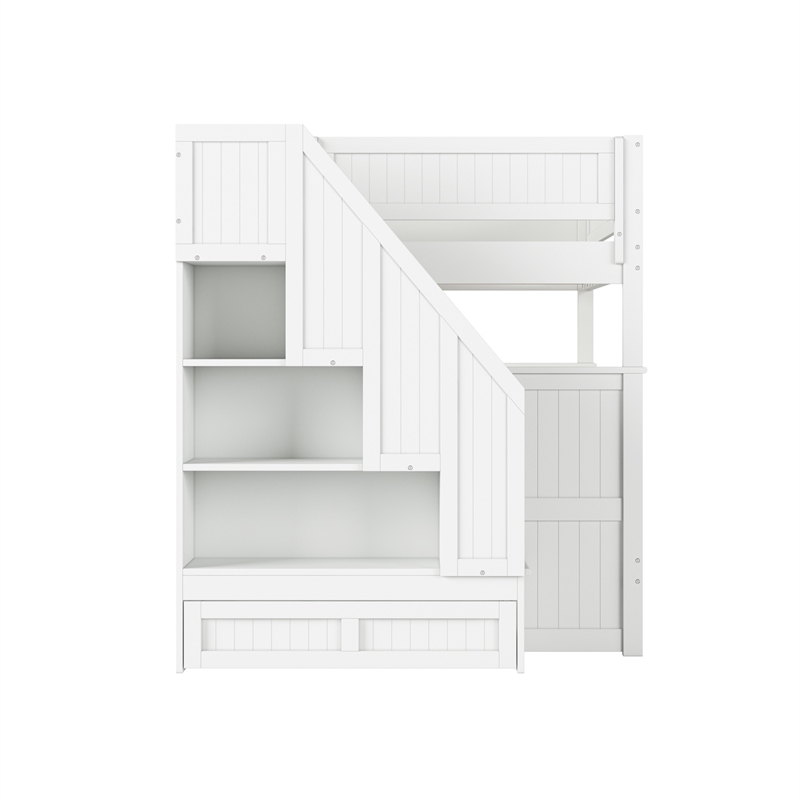 Dover Full over Full Wood Staircase Bunk Bed with Drawer & Trundle in White