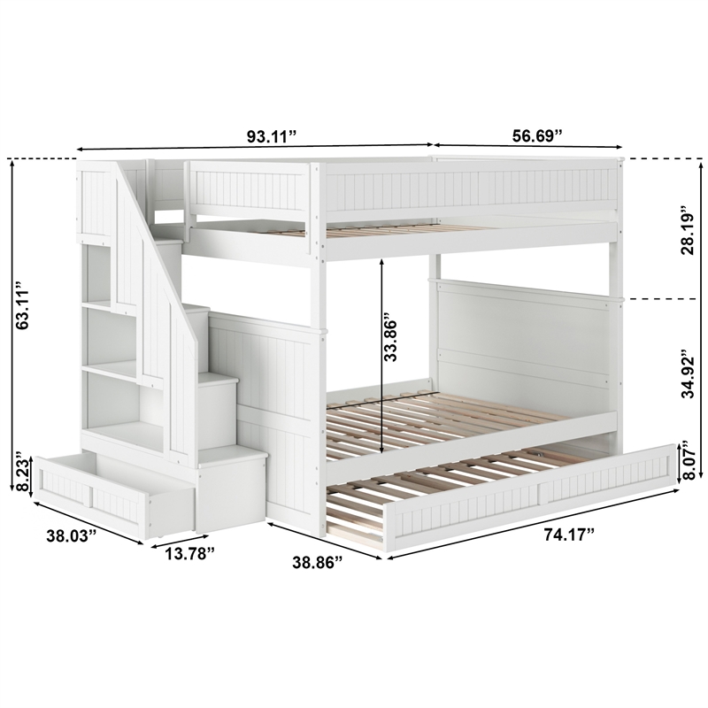 Dover Full over Full Wood Staircase Bunk Bed with Drawer & Trundle in White