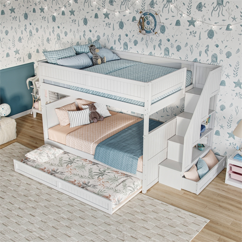 Dover Full over Full Wood Staircase Bunk Bed with Drawer & Trundle in White